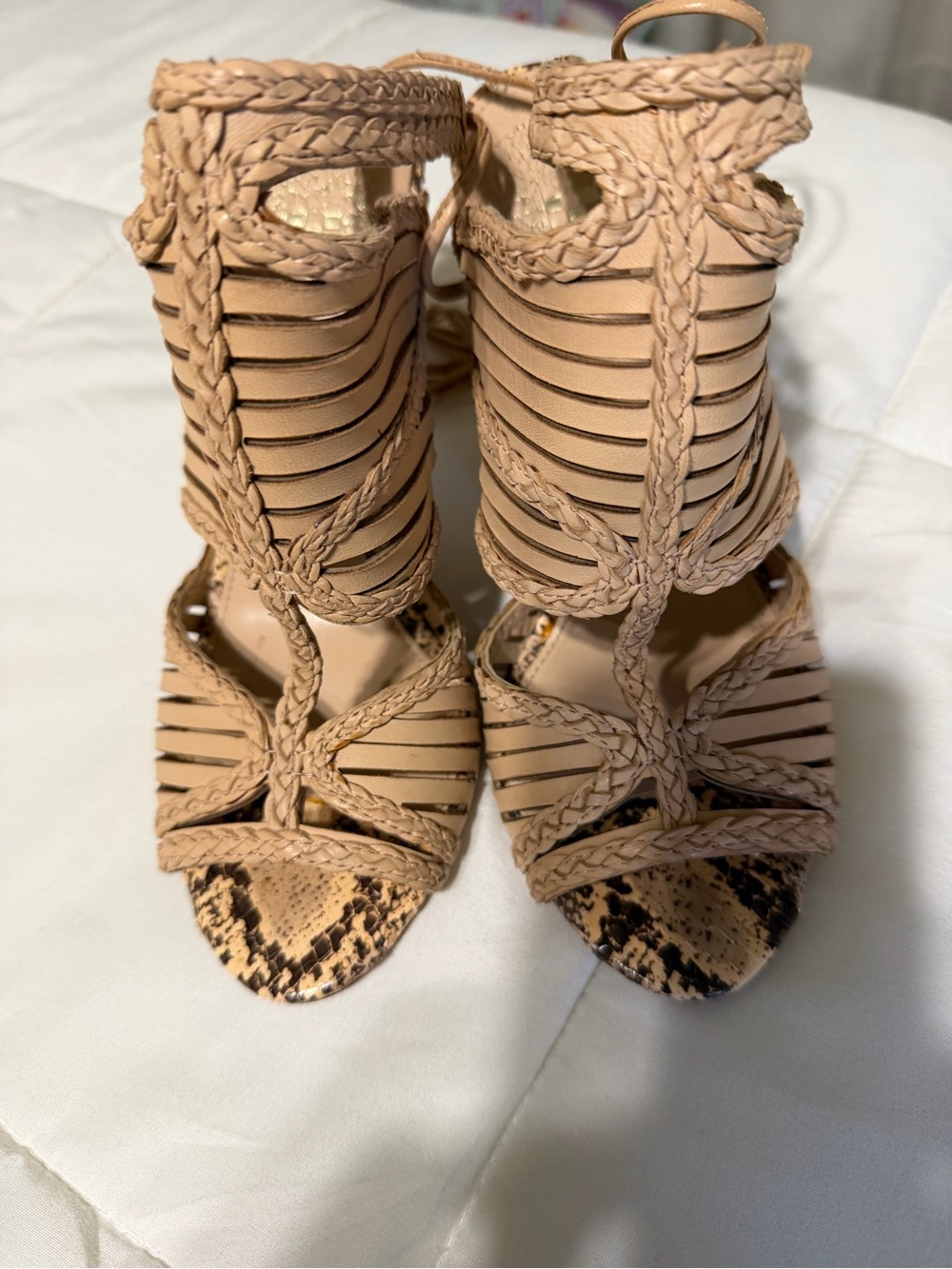 Vince Camuto Tan Braided Strappy High Heel Sandals with Snakeskin Toe